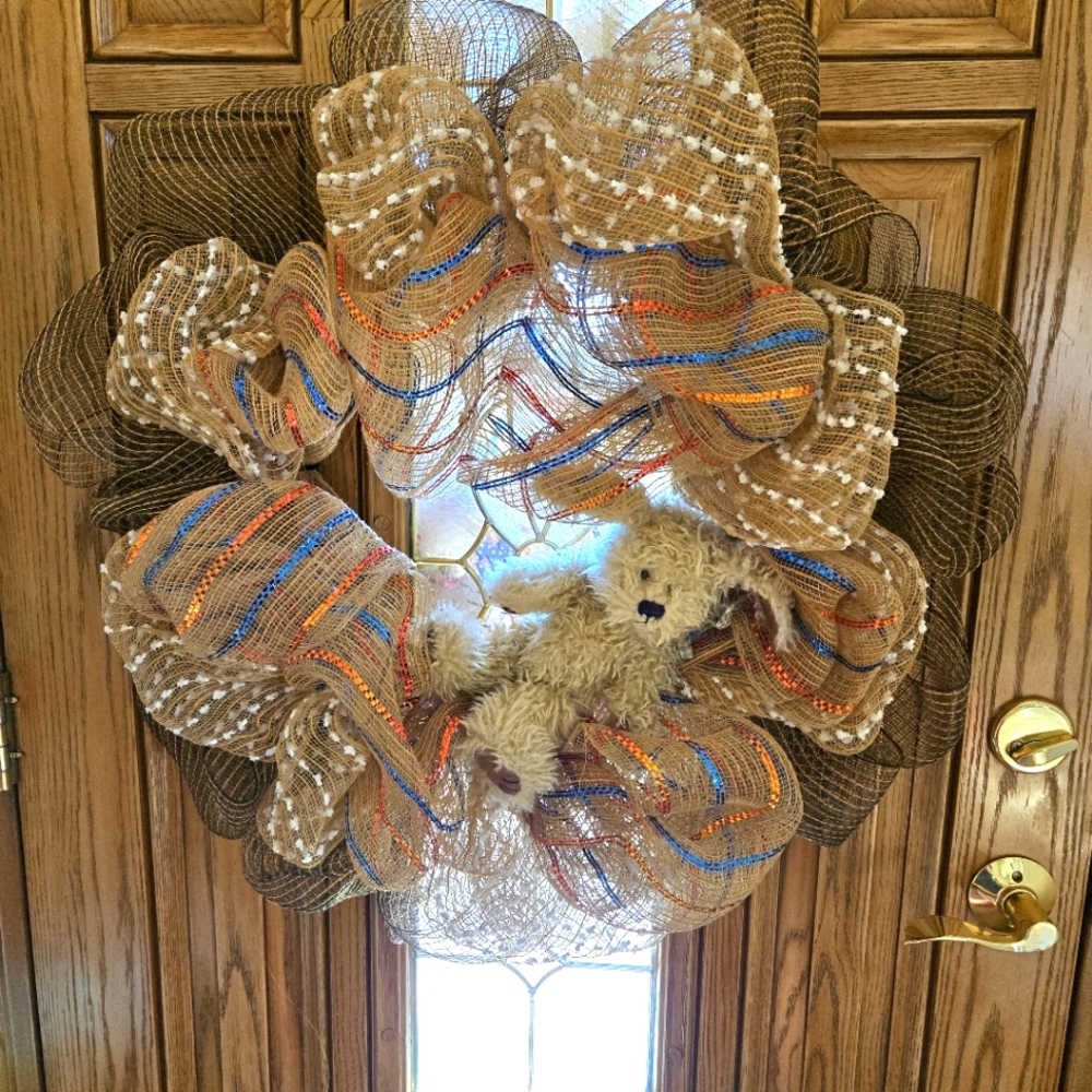 Handcrafted Patriotic/Xmas Burlap & Mesh Weath with Boyd’s Bears PARKER B. POOCH